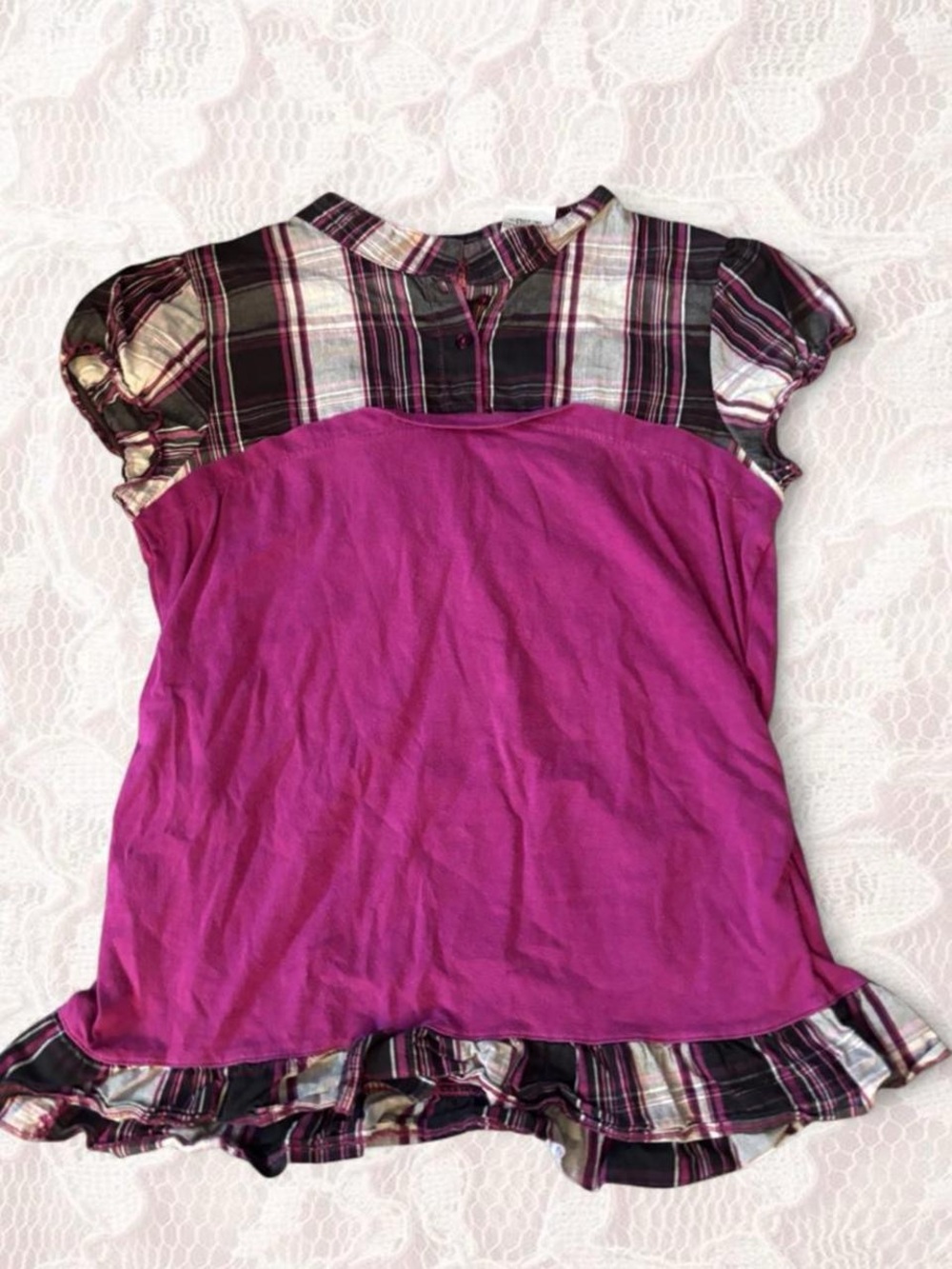 Women’s Short Sleeve Plaid Trim Pink Tee